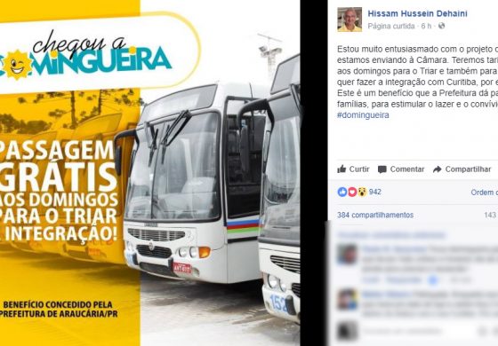 Hissam anuncia que Araucária terá ônibus de graça para toda a população aos domingos