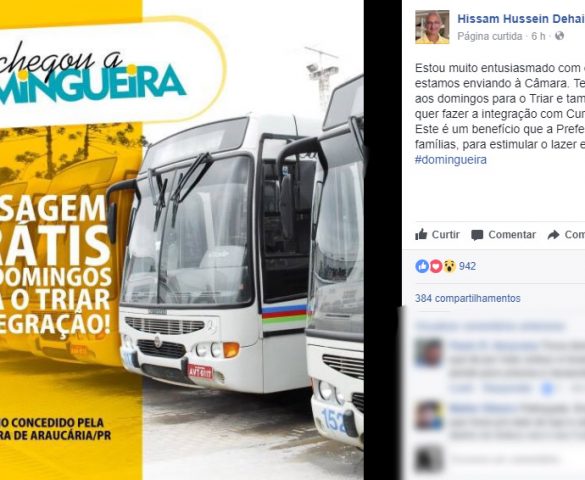 Hissam anuncia que Araucária terá ônibus de graça para toda a população aos domingos